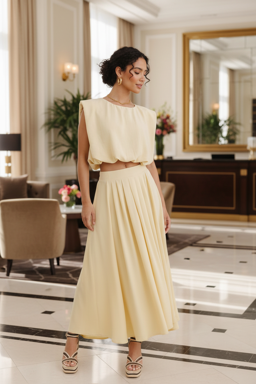 Chloe butter yellow sleeveless cropped balloon blouse in elegant lifestyle setting