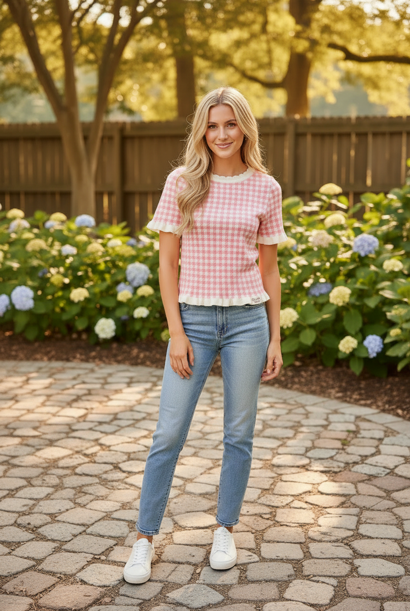 Pink gingham knit sweater top full body lifestyle shot, styled with light wash denim jeans and white sneakers, scalloped ruffle neckline and ruffled sleeve cuffs visible