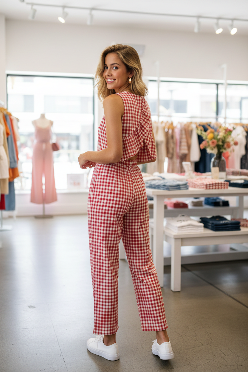 Rear view of blonde model in boutique wearing red white gingham two-piece set showing dramatic crossover ruffle open back detail