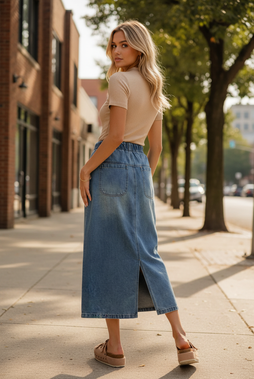 Medium wash denim midi skirt back view — paperbag elasticated waist, two back patch pockets, gathered pleating, outdoor lifestyle