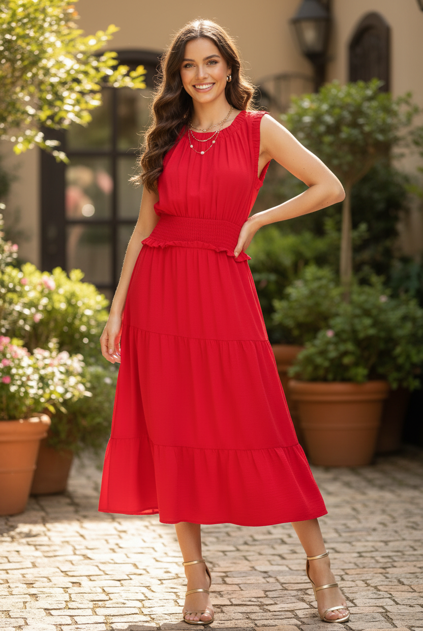 Cherry red smocked waist tiered midi dress full length front view — brunette model hand on hip garden patio gold strappy heels