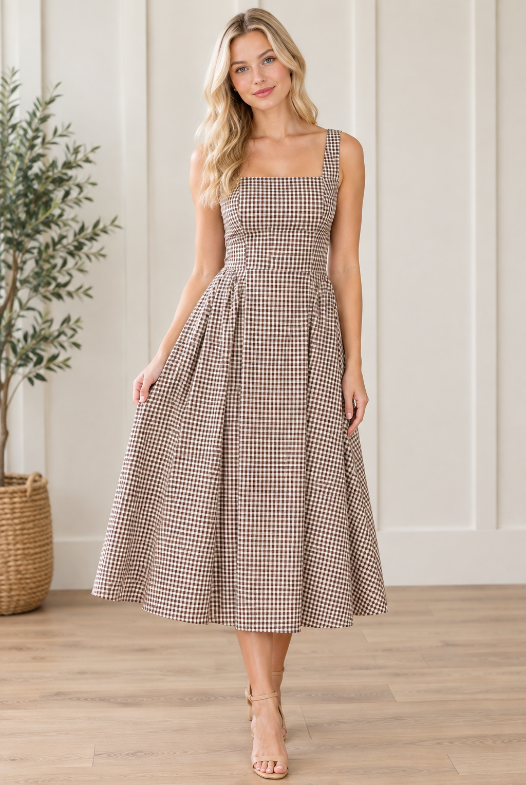 Angled view of brown and cream gingham square neck dress with wide straps and midi hem