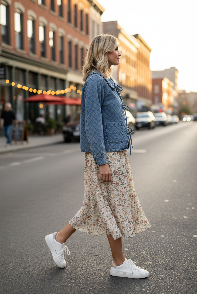 Medium wash quilted denim jacket with ruffled collar and diamond pattern — walking side view, floral midi skirt, city street lifestyle
