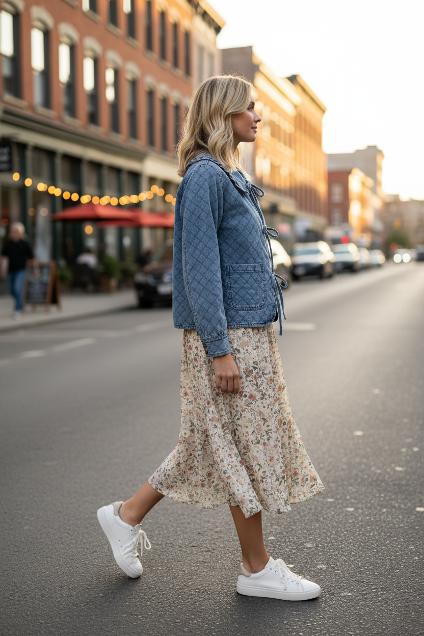 Medium wash quilted denim jacket with ruffled collar and diamond pattern — walking side view, floral midi skirt, city street lifestyle