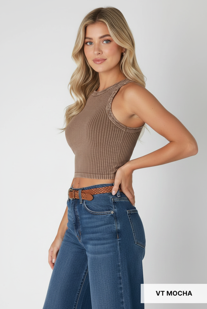 NIKIBIKI seamless ribbed crop tank top in mocha brown styled with high-waist wide-leg dark wash denim jeans, one-size layering basic made in USA, available at Thread Bar Boutique