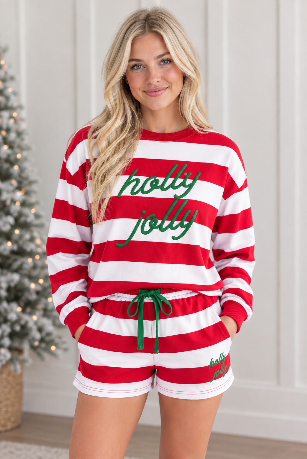 Front view of red and white Holly Jolly embroidered stripe pullover and matching shorts with green drawstring