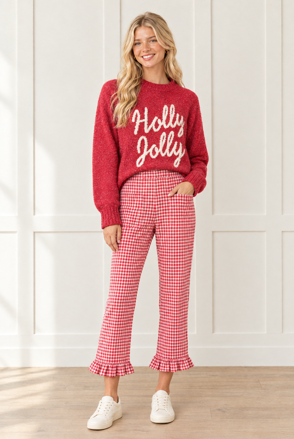 Front view of red gingham pants showing a large patch pocket, high waist, straight leg cut and ruffle trimmed ankle hems.
