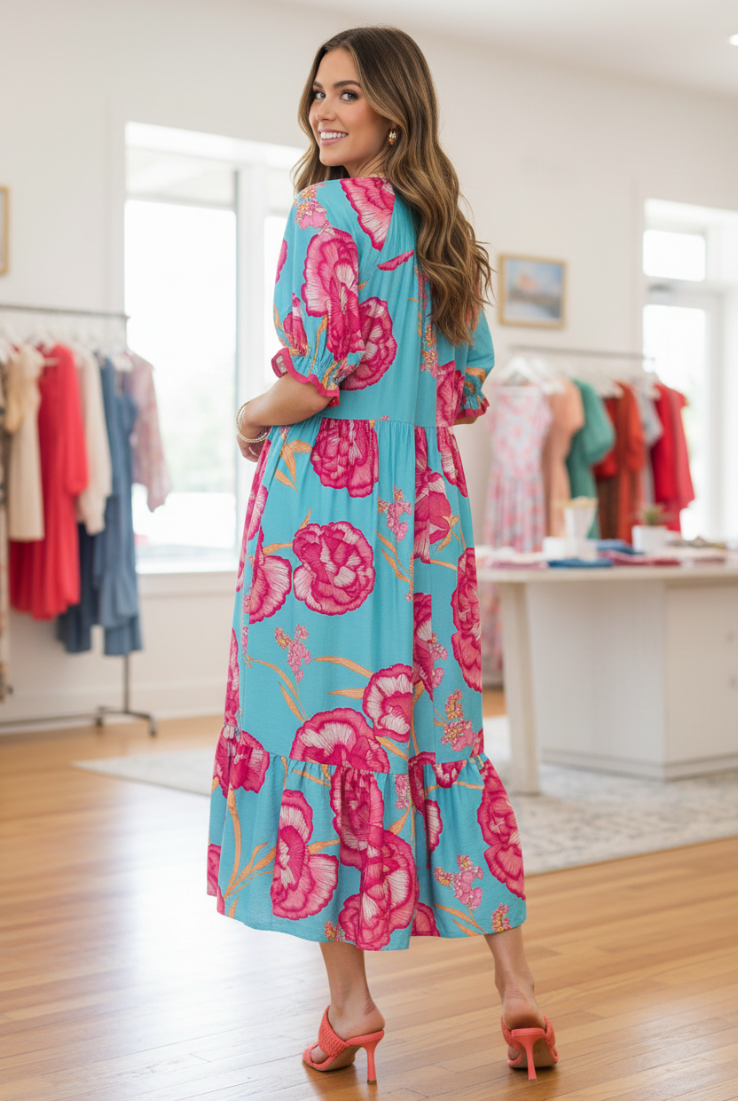 Aqua fuchsia floral midi dress rear three-quarter view — brunette model over-shoulder glance tiered ruffle hem puff sleeves boutique interior