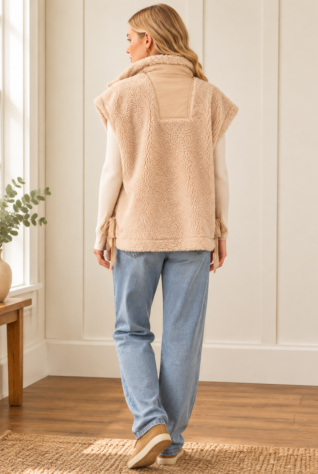 Beige high collar sherpa vest, back view showing boxy silhouette