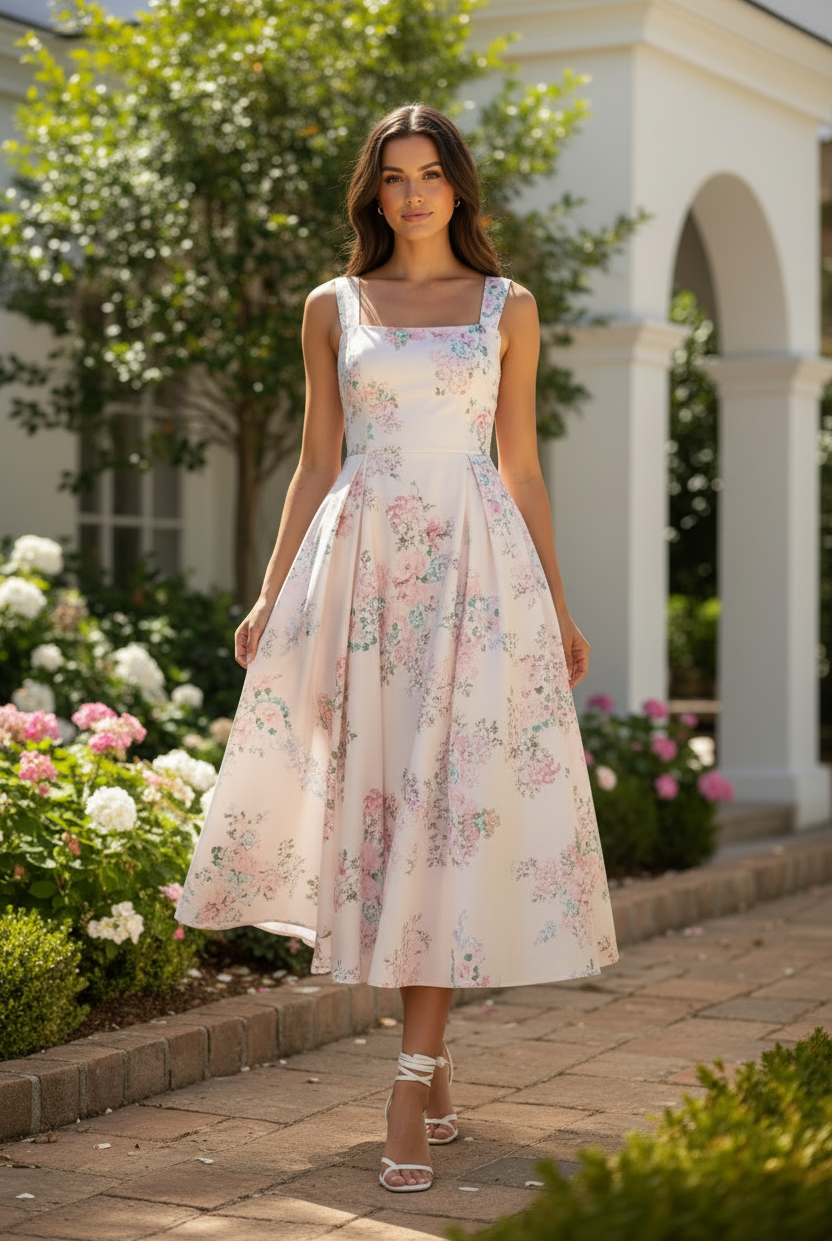 Brunette model walking through garden path in blush floral open back midi dress, skirt flowing naturally in motion with strappy white heeled sandals