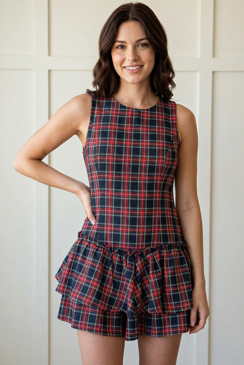 Front view of the dark tartan plaid romper with red and green stripes, a sleeveless round neckline, fitted bodice, and layered ruffle shorts.