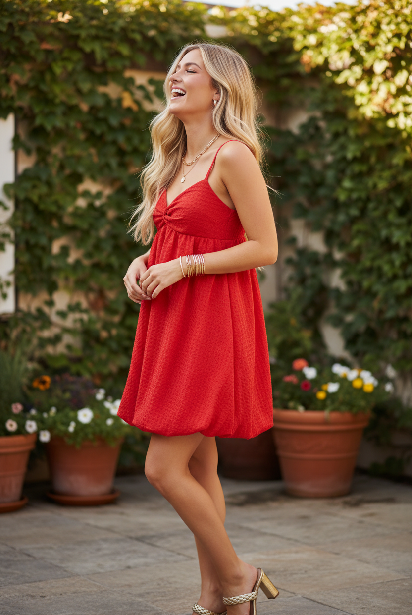 Red textured babydoll mini dress three quarter side view — full A-line bubble hem silhouette blonde model rooftop lifestyle