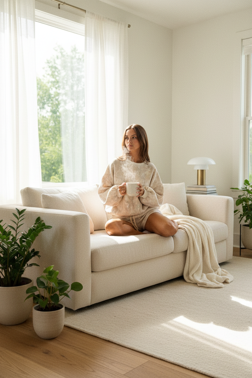 Woodland camo loungewear set in natural light