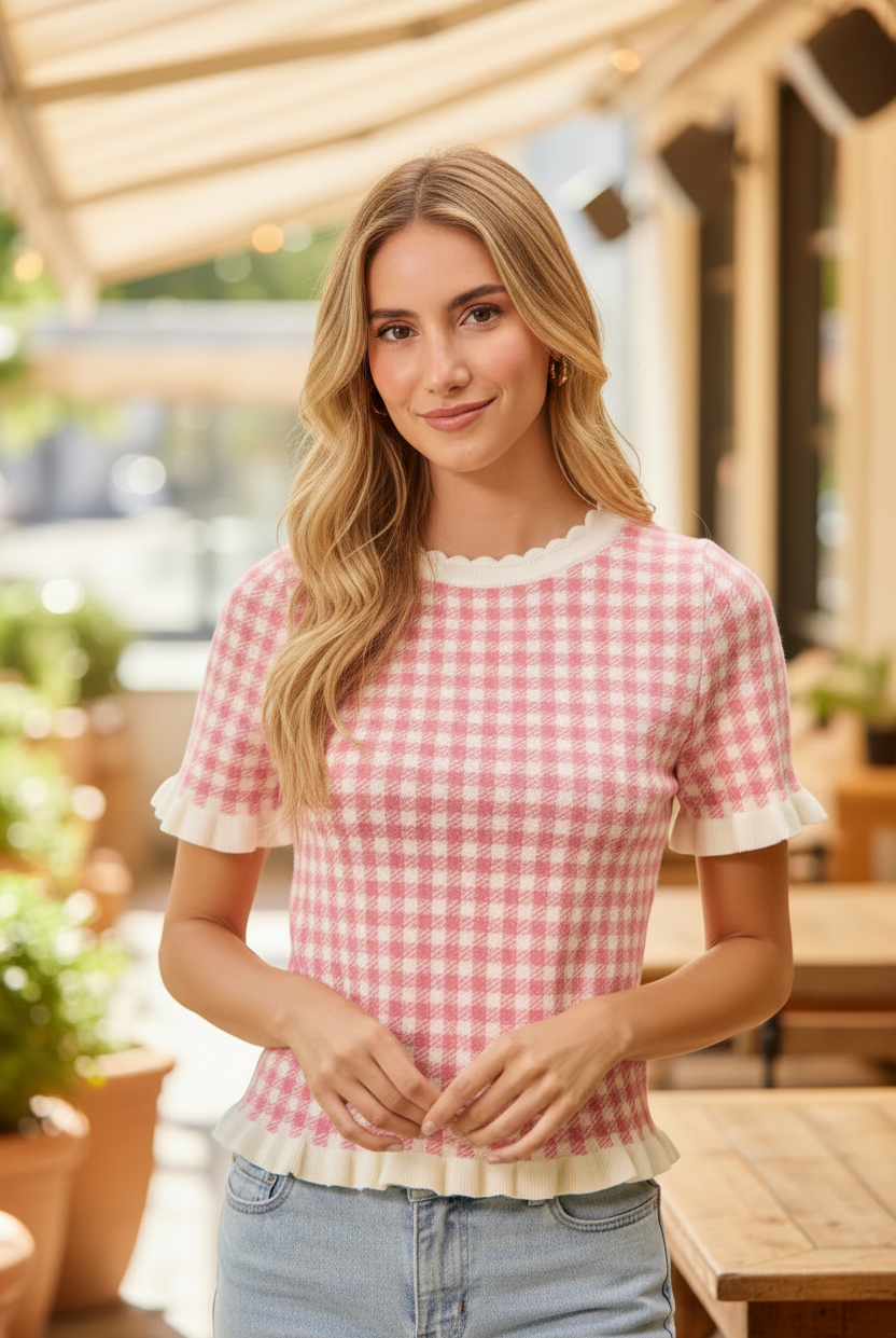 Pink gingham knit sweater top close-up front view showing scalloped ruffle neckline and ruffled sleeve cuff detail, feminine boutique top
