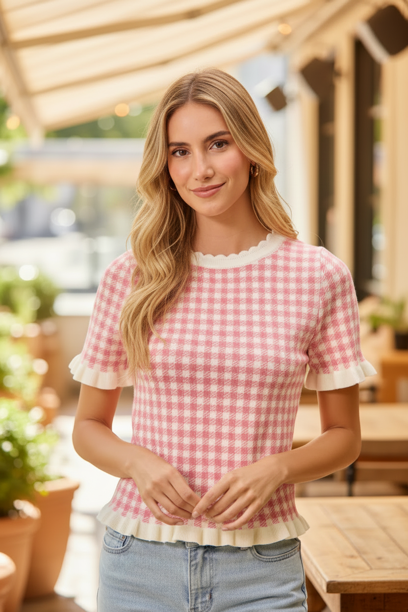 Pink gingham knit sweater top close-up front view showing scalloped ruffle neckline and ruffled sleeve cuff detail, feminine boutique top