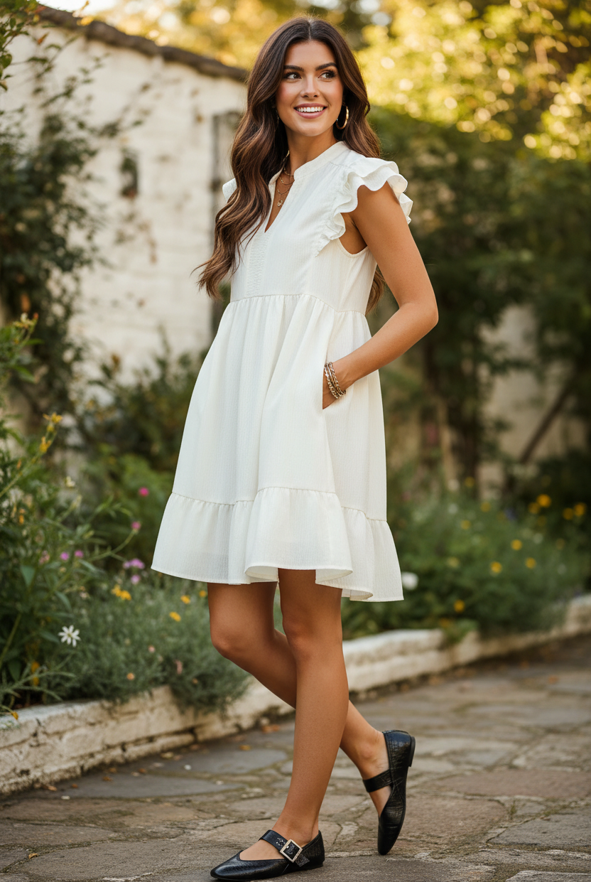 Cream textured woven ruffle sleeve babydoll mini dress three-quarter lifestyle view showing double-layer ruffle cap sleeves, gathered empire waist, full skirt silhouette, and single ruffle tier hi-low hem in outdoor garden setting