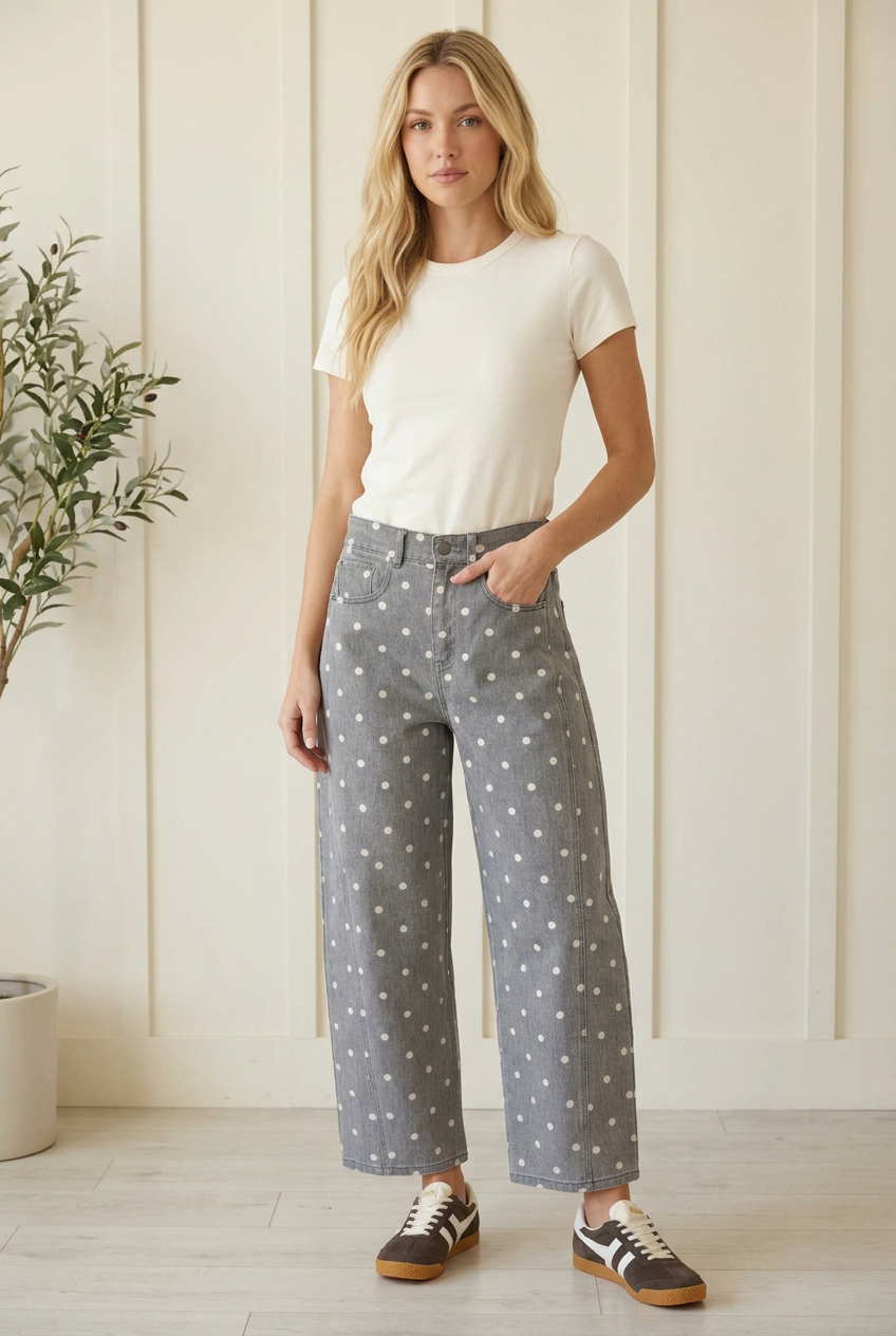 Side view of charcoal barrel leg jeans with white polka dots, curved side panels and cropped finished hems.