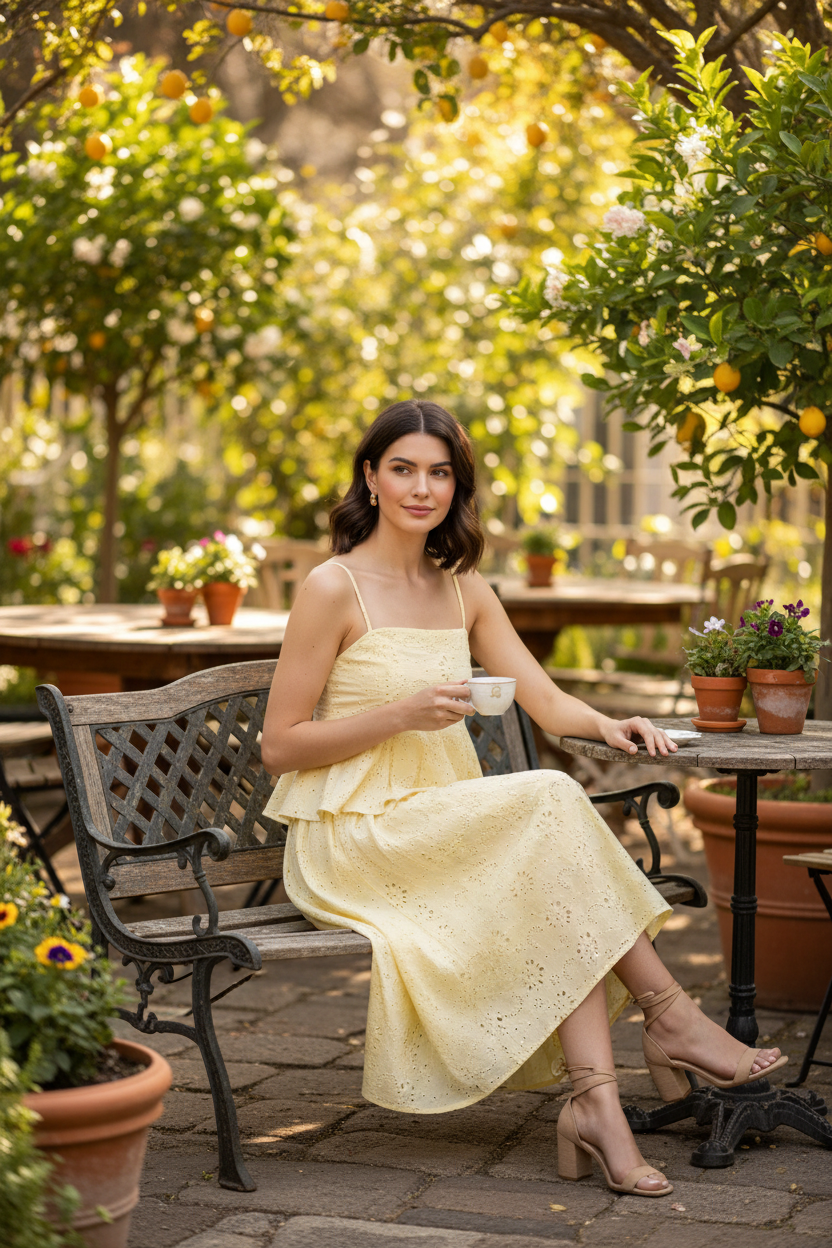 Brunette model seated at outdoor cafe in yellow eyelet peplum cami and midi skirt set, relaxed elegant pose, golden natural light lifestyle shot