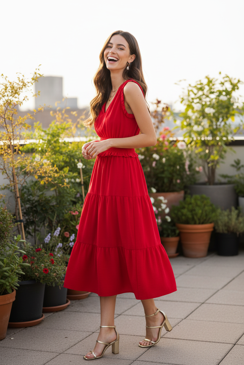 Cherry red smocked midi dress three quarter side view — flowy tiered skirt silhouette brunette model rooftop terrace lifestyle