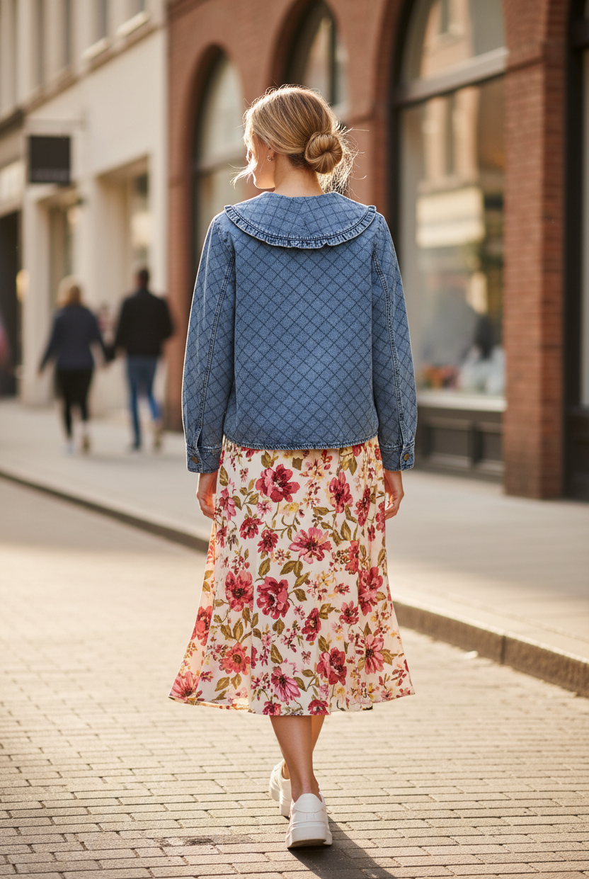 Quilted denim jacket back view — oversized ruffled collar, diamond quilt pattern, long sleeves, styled with floral midi skirt