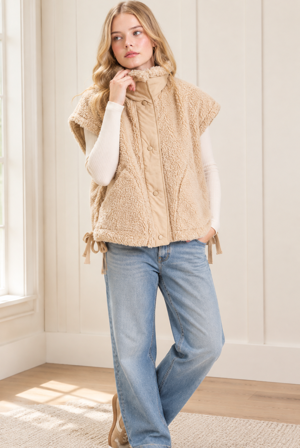 Beige high collar sherpa vest with snap closure and pockets, front view