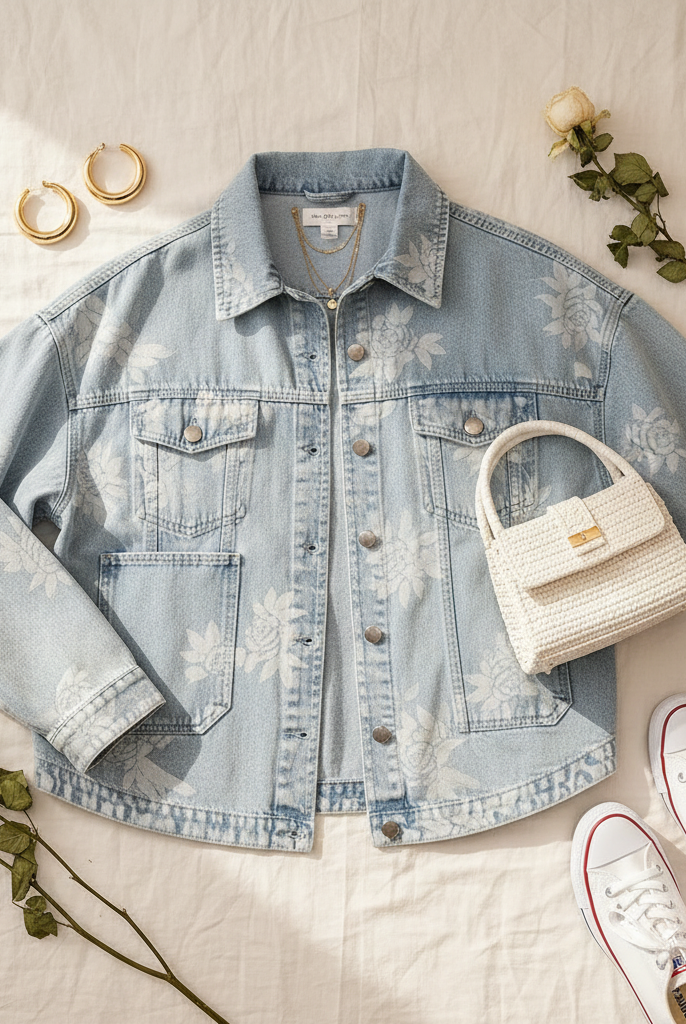 BiBi floral print washed denim jacket styled flat lay, light wash denim with tonal white rose print spread open showing silver snap buttons and large patch pockets, styled with gold jewelry, white sneakers, and dried white roses