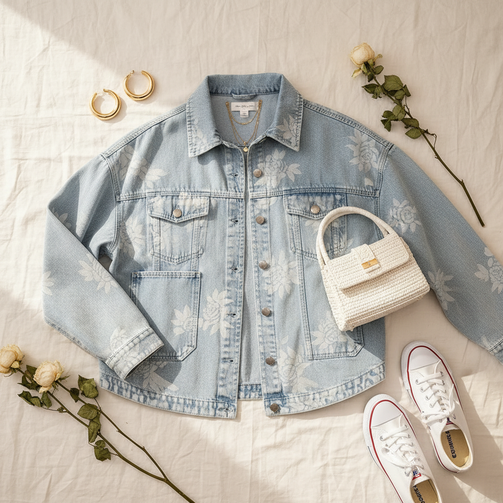 BiBi floral print washed denim jacket styled flat lay, light wash denim with tonal white rose print spread open showing silver snap buttons and large patch pockets, styled with gold jewelry, white sneakers, and dried white roses