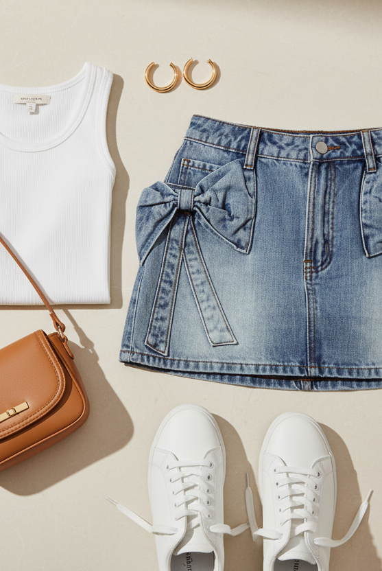 Styled flat lay of high-waisted A-line denim mini skirt with bow knot front pockets and distressed wash, paired with white ribbed tank, white sneakers, and gold hoop earrings