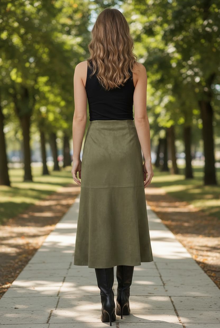 Olive Suede Asymmetrical Mermaid Skirt - back view on tree-lined path with black tank