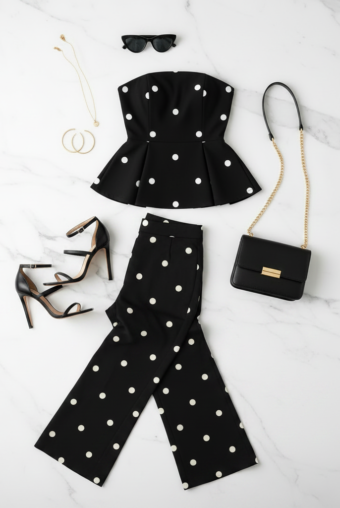 Black and white polka dot matching set flat lay with peplum top, barrel pants, heels, purse, and accessories