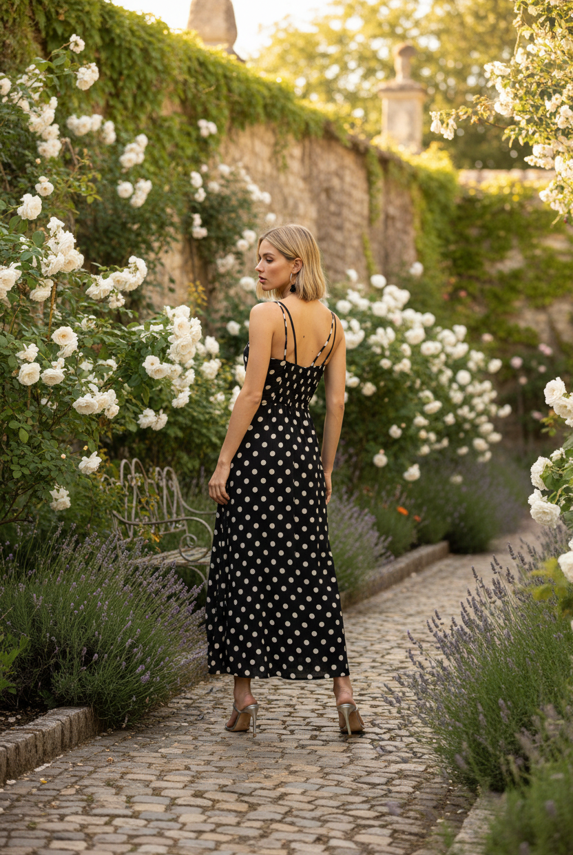 Blonde model wearing black and white polka dot maxi dress, full back view showing triple straps and smocked back detail