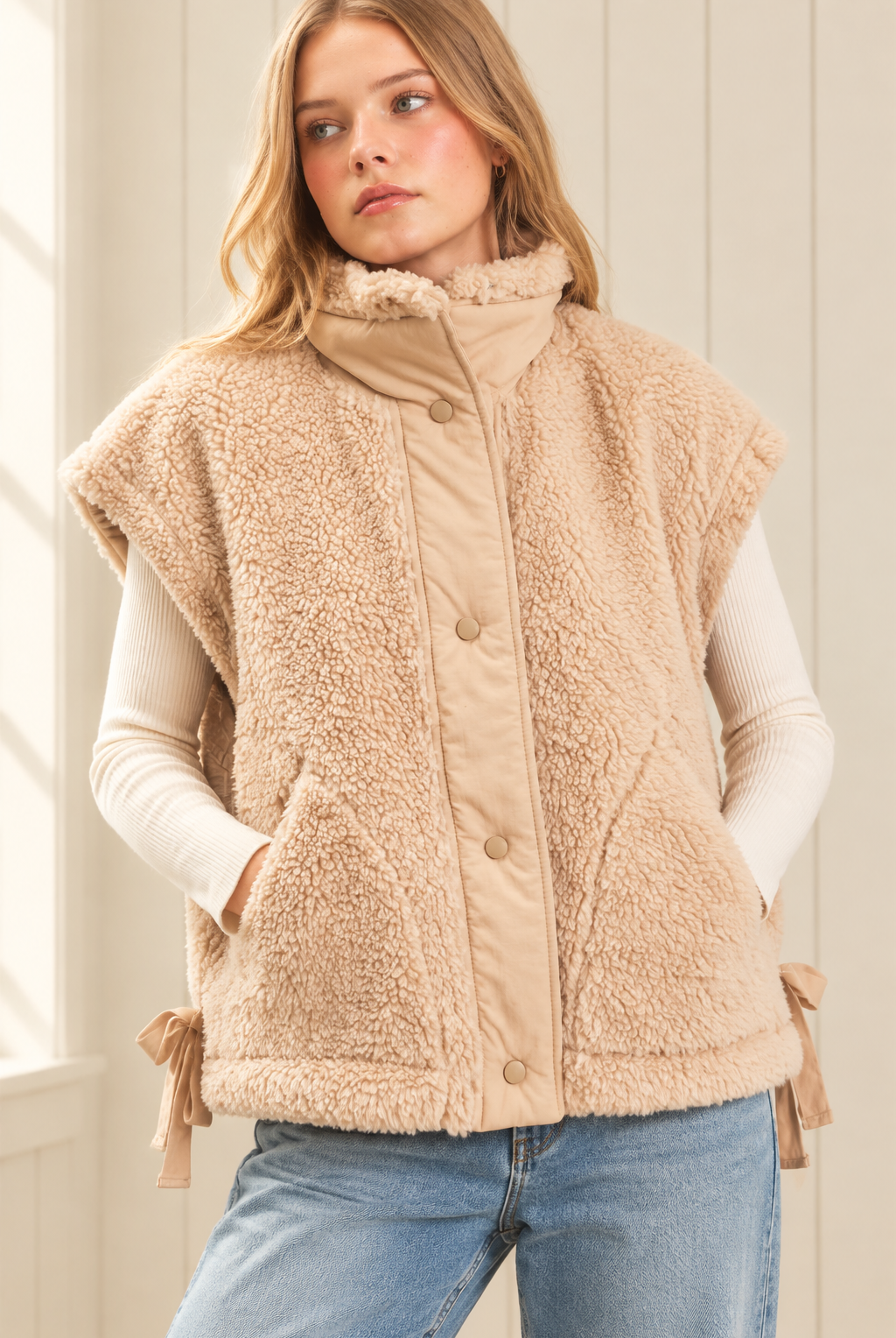 Beige sherpa vest detail showing plush texture, high collar and snap front