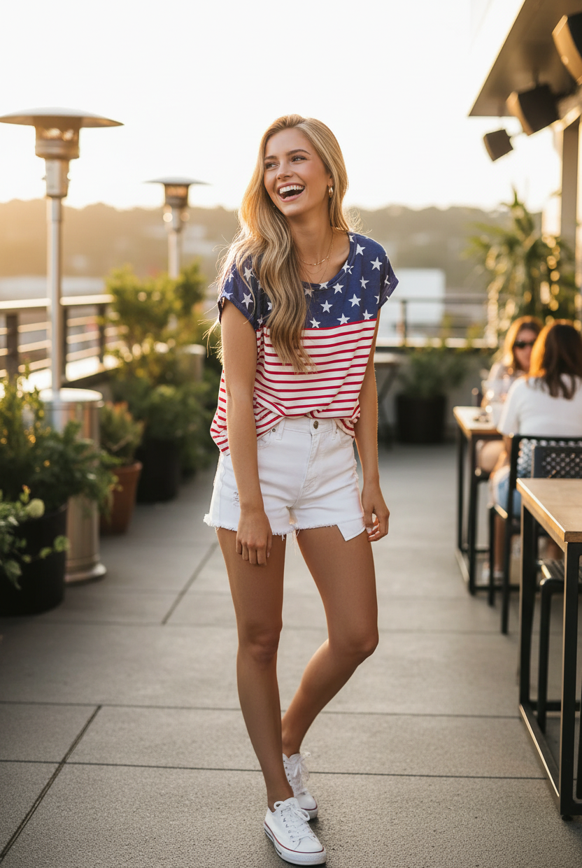 Navy star red stripe combo top three quarter side view — blonde model laughing rooftop terrace white denim shorts lifestyle