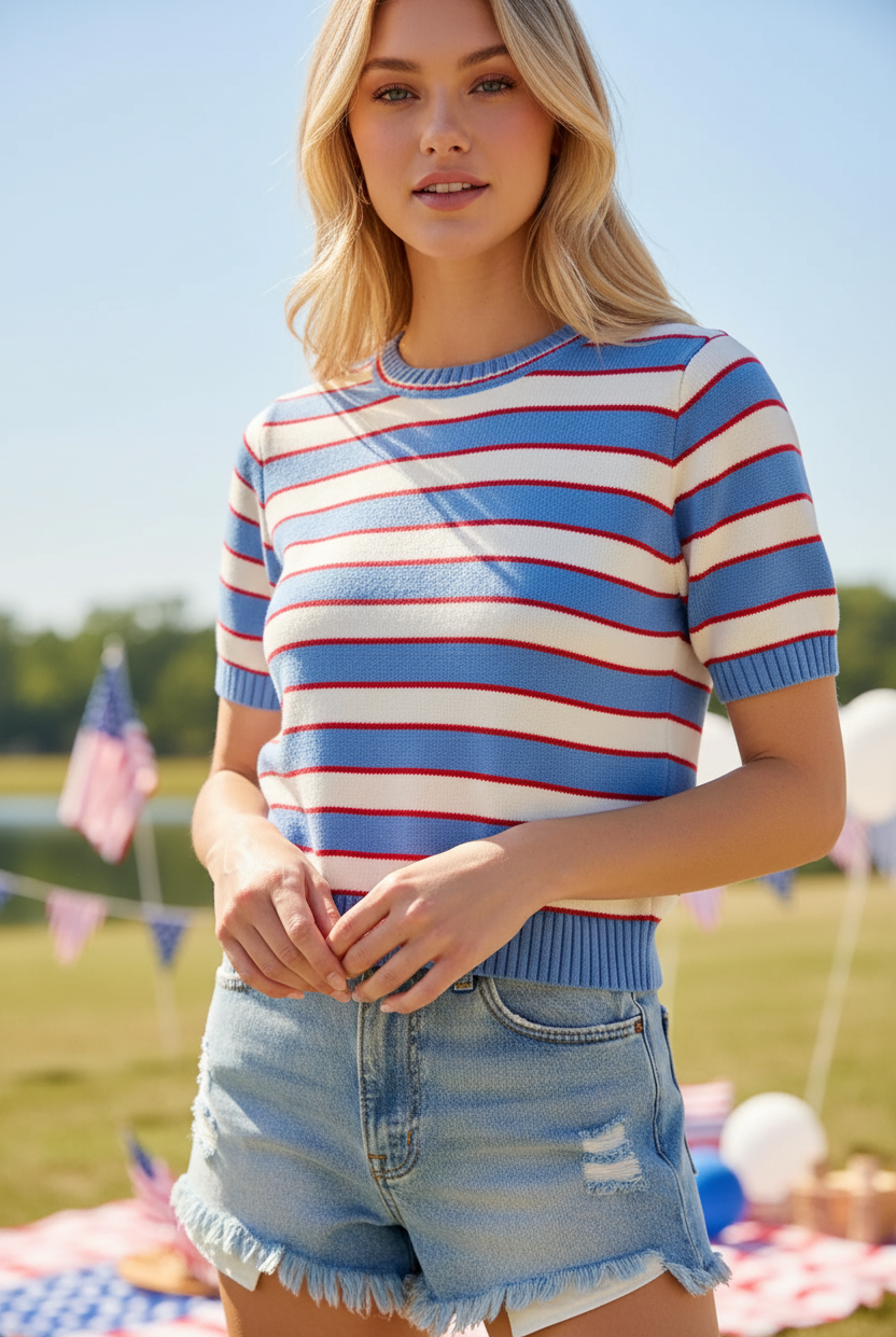 Close-up of blue, white and red stripe knit short sleeve sweater top — ribbed crew neckline detail