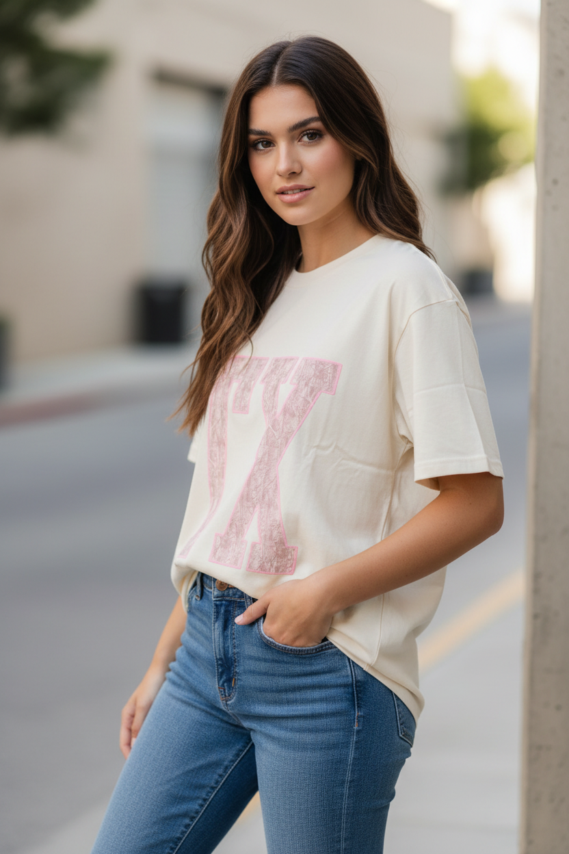 Thread Bar Boutique Texas pride oversized graphic tee with pink lace puff print TX design and relaxed boyfriend fit.