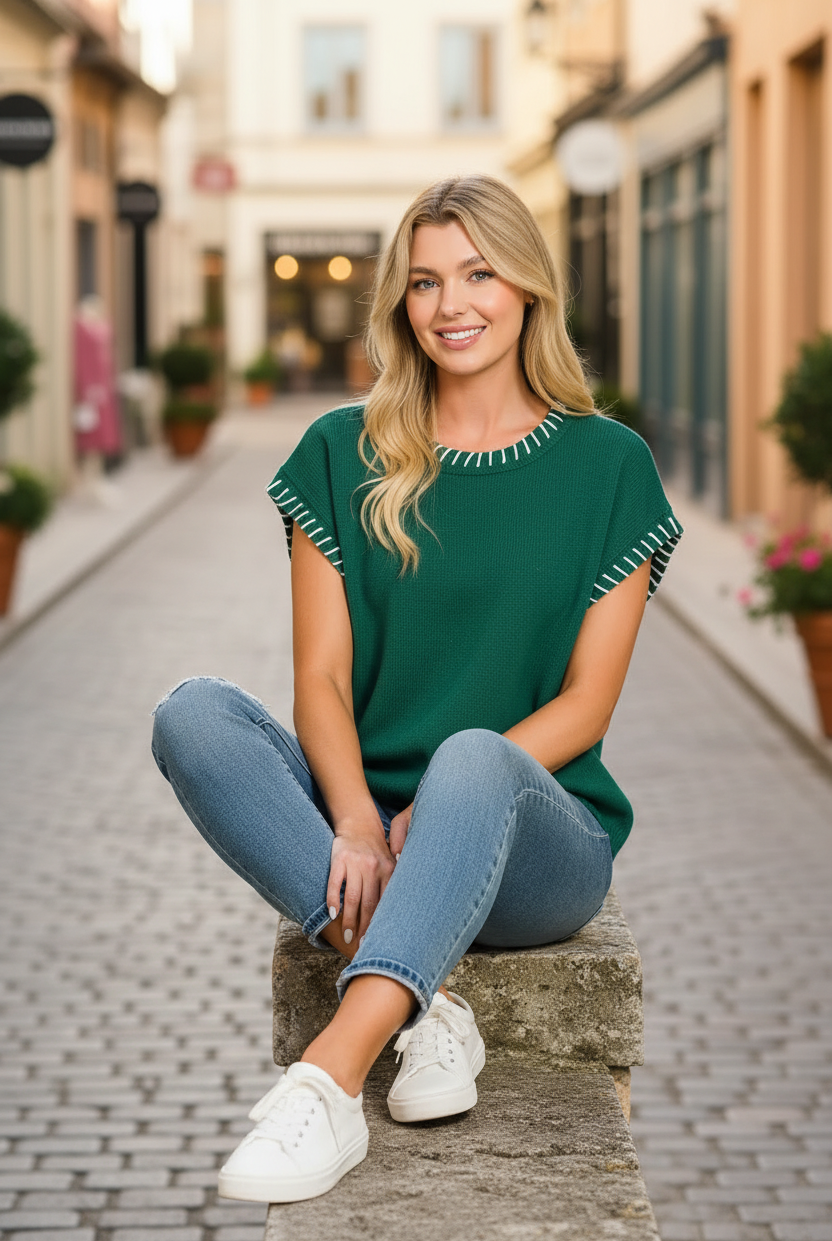 Hunter green oversized short sleeve knit sweater outdoor seated lifestyle photo, relaxed casual pose, white whipstitch detail, soft cotton blend, styled with denim jeans
