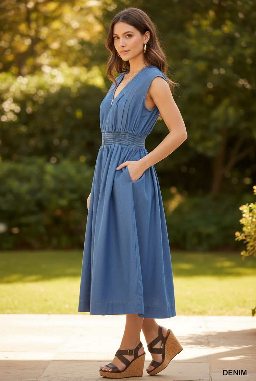 Side profile of brunette model in Umgee denim smocked waist midi dress showing A-line silhouette, pintuck bodice, and wide elastic smocked waistband with hand in pocket