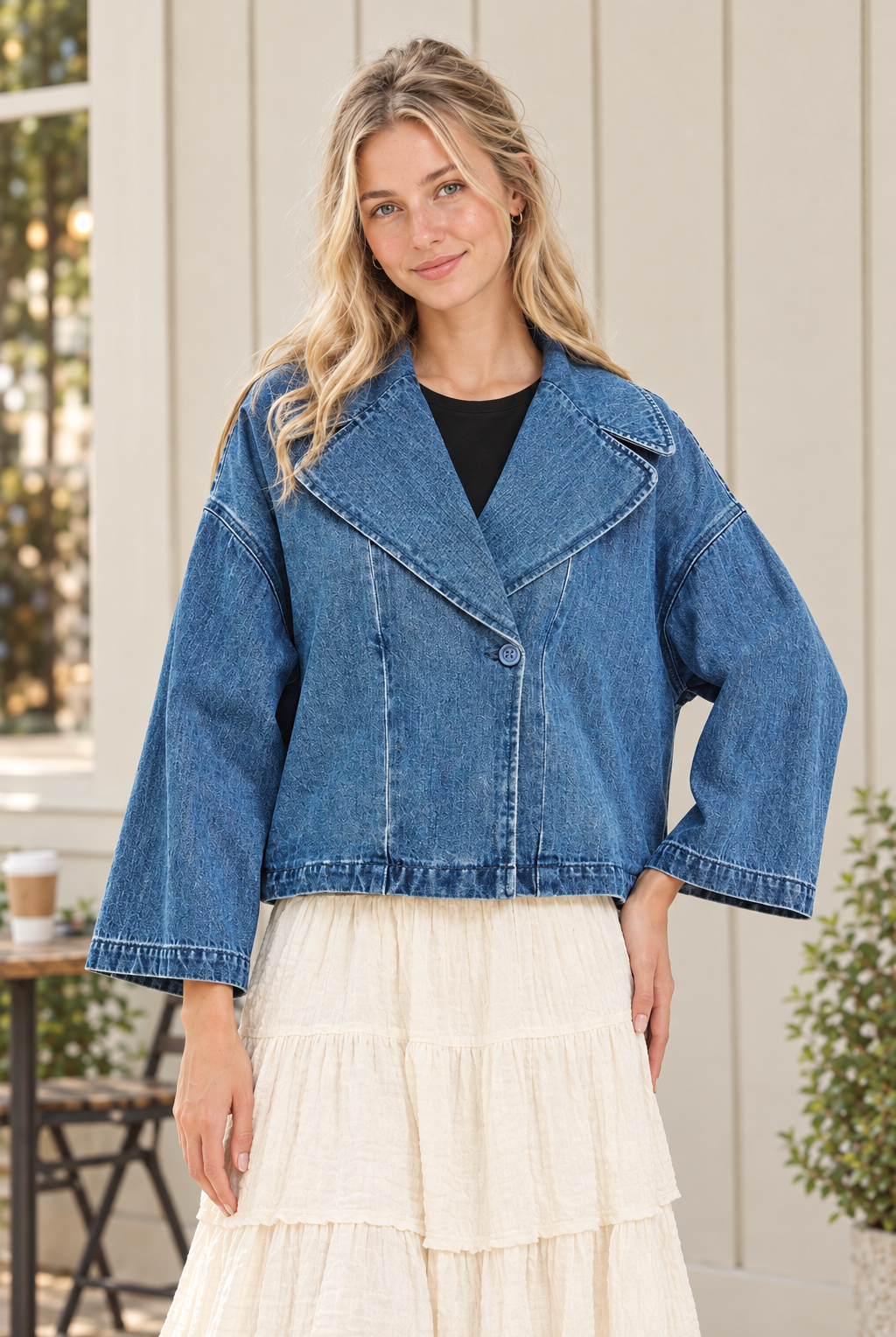 Buttoned blue cropped denim jacket with oversized notched lapels and wide sleeves, styled with an ivory tiered skirt, hand at hip.