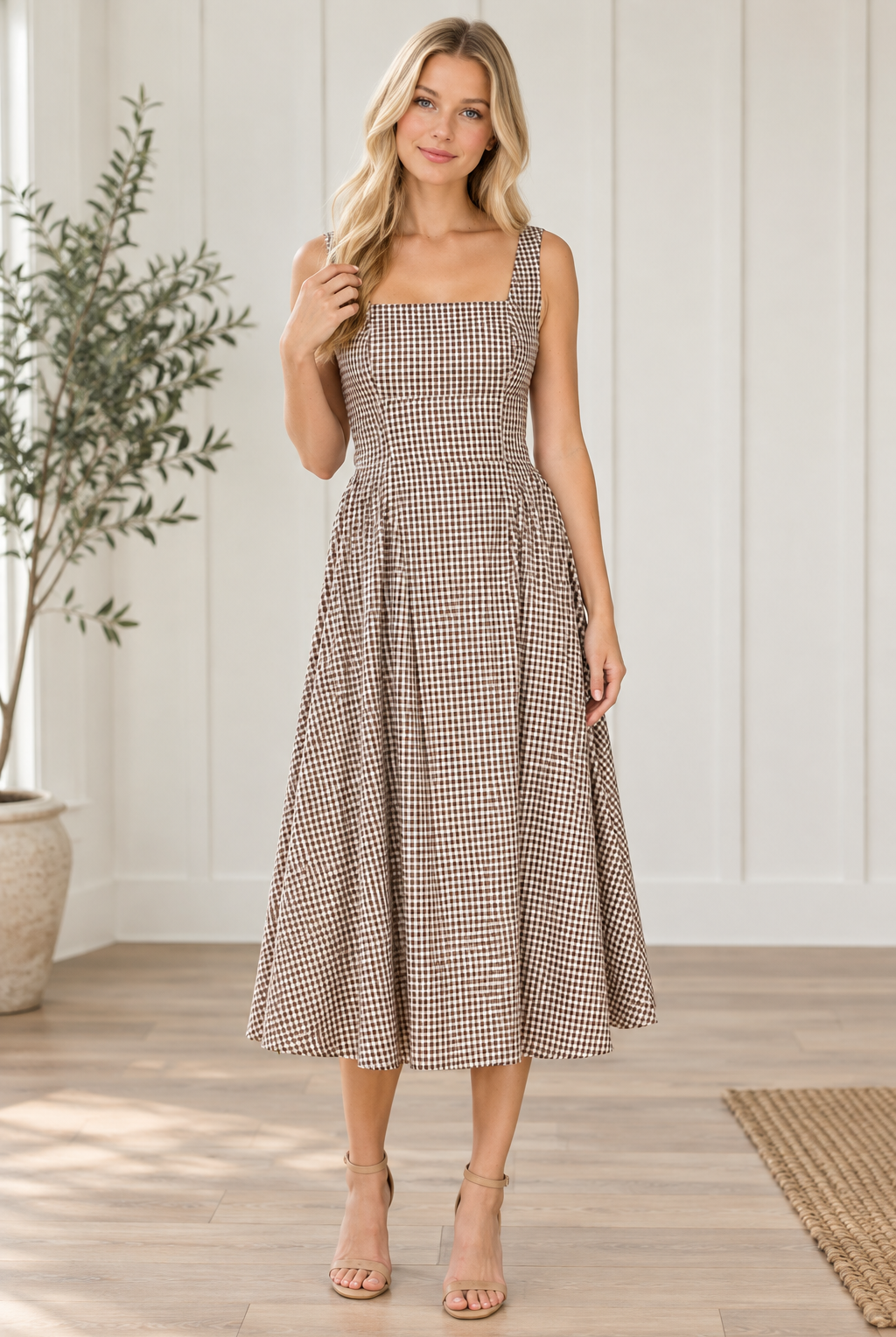 Front view of mocha brown and cream gingham midi dress with square neckline and wide shoulder straps