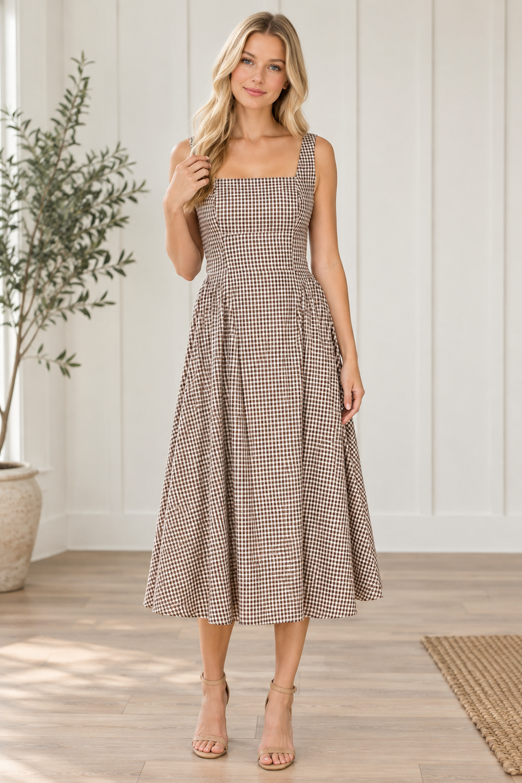 Front view of mocha brown and cream gingham midi dress with square neckline and wide shoulder straps