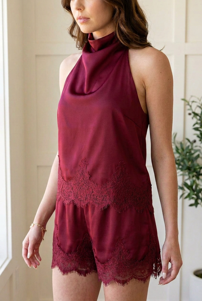 Close-up of burgundy satin fabric and tonal floral eyelash lace along the halter top hem and matching shorts hems.