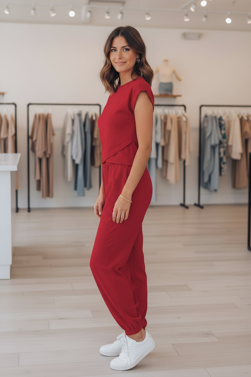 Casual red crossover set with cap sleeve crop top and relaxed fit jogger pants