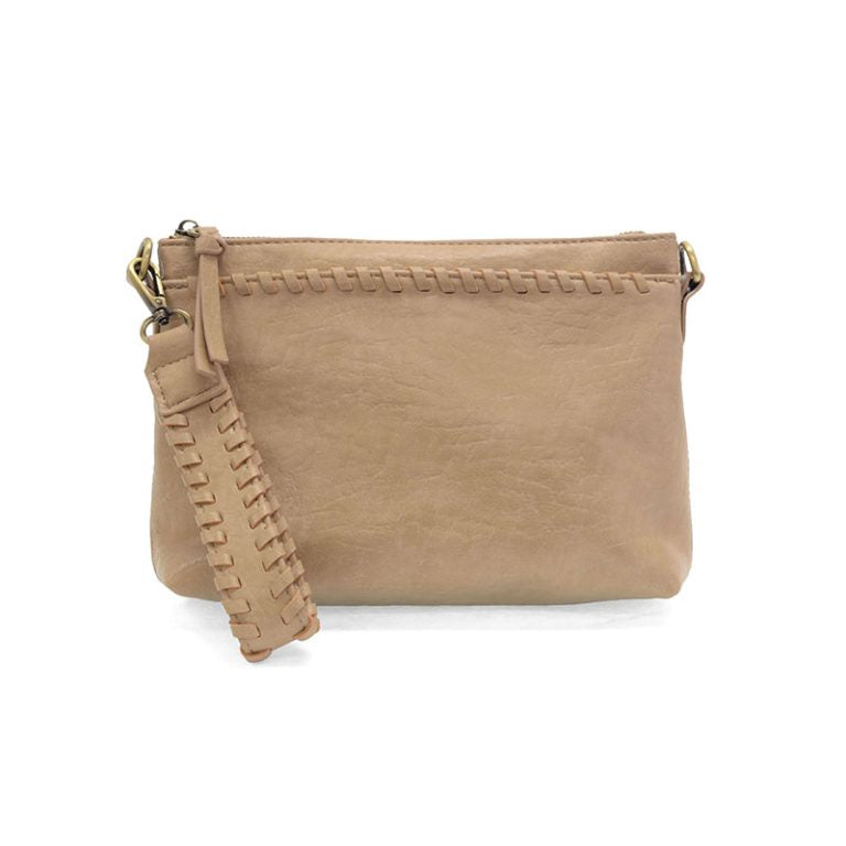 Joy Susan Oakleigh 3-in-1 crossbody bag in buffalo grain vegan leather with western whipstitch accents. taupe