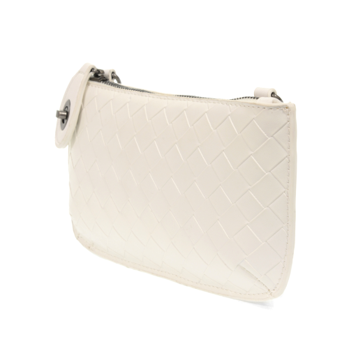 Compact woven vegan leather clutch showing the slim, travel-friendly profile and adjustable crossbody strap. white color