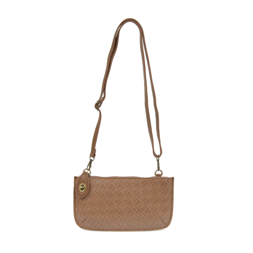 Wide-woven vegan leather 3-in-1 crossbody bag in a sophisticated textured finish with brass turn lock closure. chestnut color