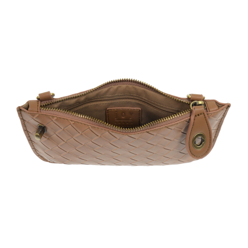 Interior of the woven bag showing six built-in credit card slots and a zippered privacy pocket for organization. chestnut color