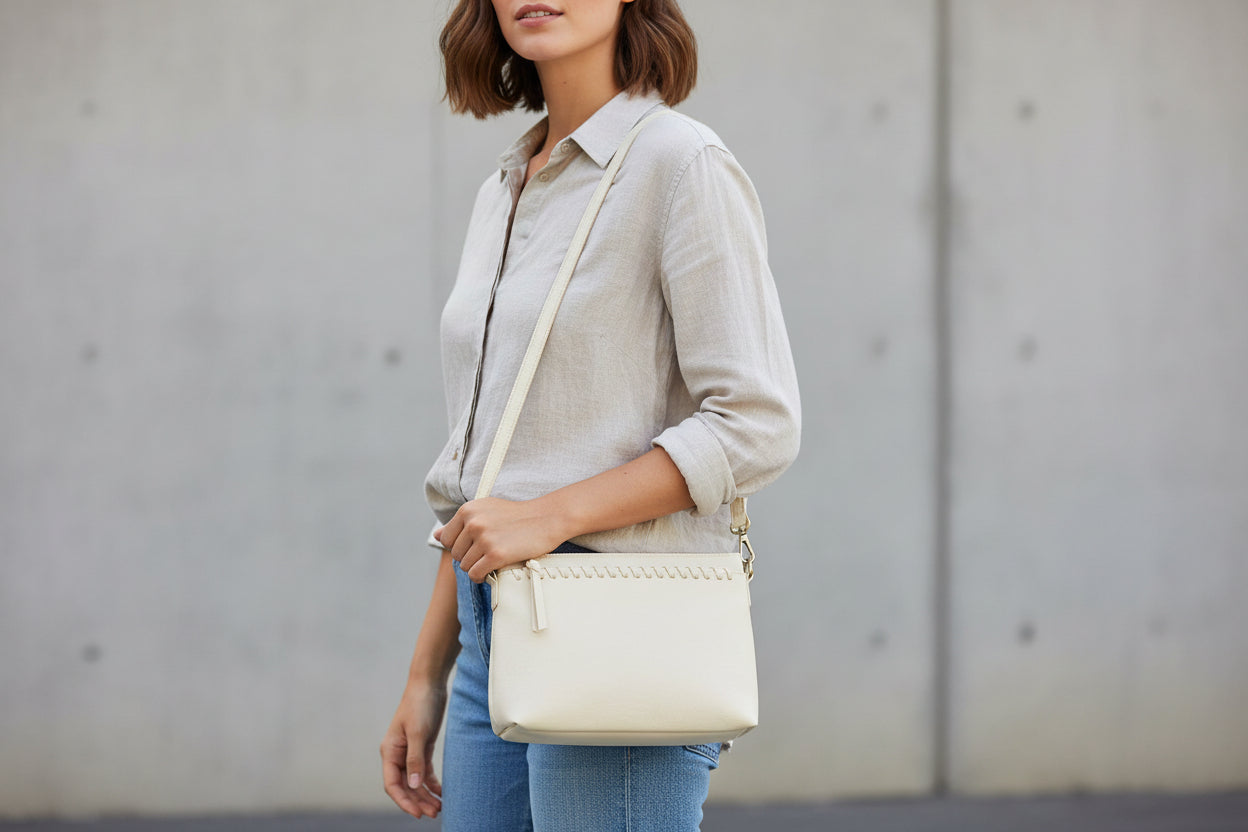 Sleek buffalo grain vegan leather pouch clutch with removable straps for a day-to-night western look. shoulder strap view