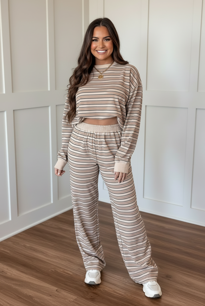 Khaki striped two-piece set with relaxed long-sleeve drop-shoulder top and matching wide-leg pants with elastic waistband and pockets