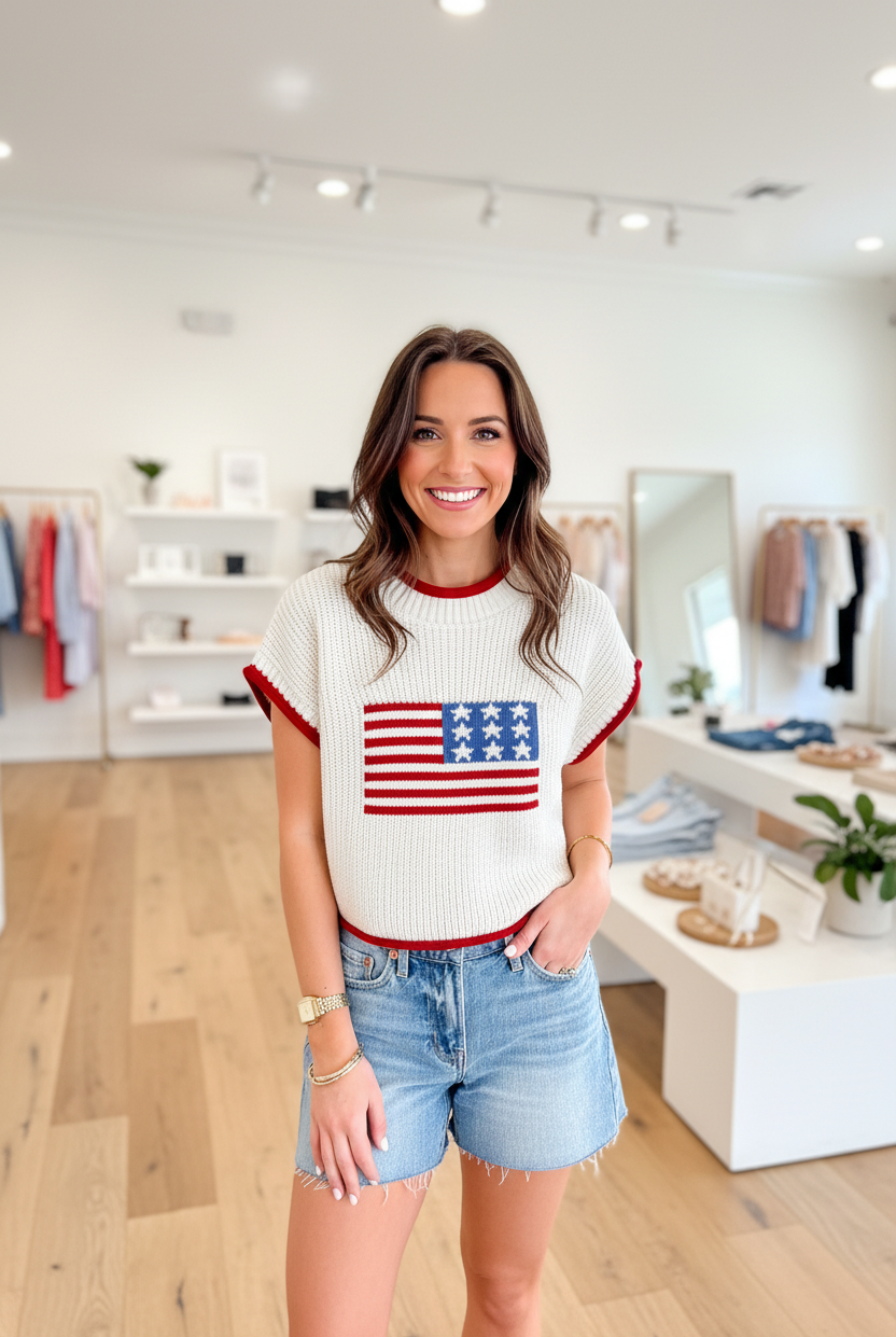 Casual patriotic sweater with a modern, boxy fit and bold flag design perfect for summer outings