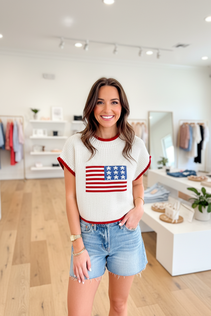 Casual patriotic sweater with a modern, boxy fit and bold flag design perfect for summer outings